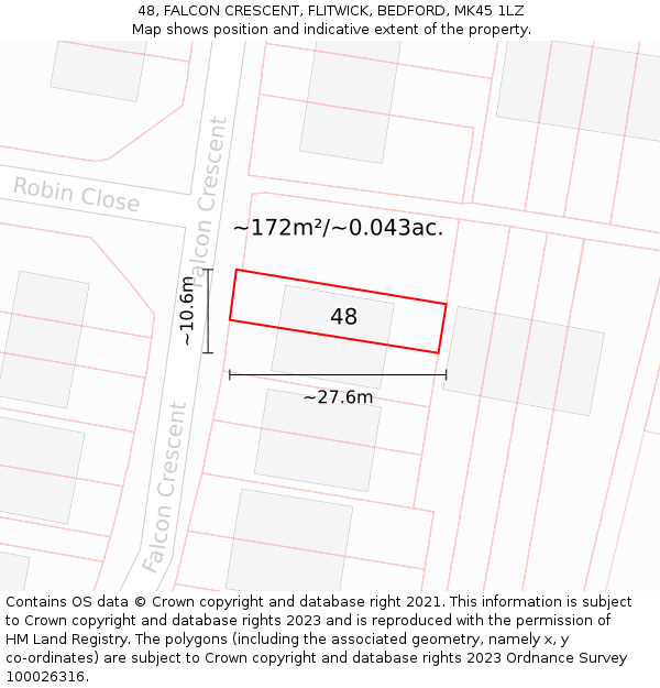 48, FALCON CRESCENT, FLITWICK, BEDFORD, MK45 1LZ: Plot and title map