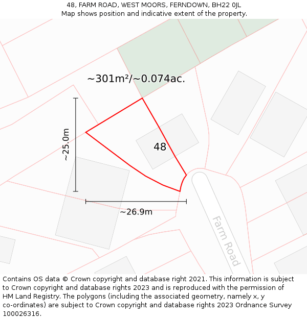 48, FARM ROAD, WEST MOORS, FERNDOWN, BH22 0JL: Plot and title map