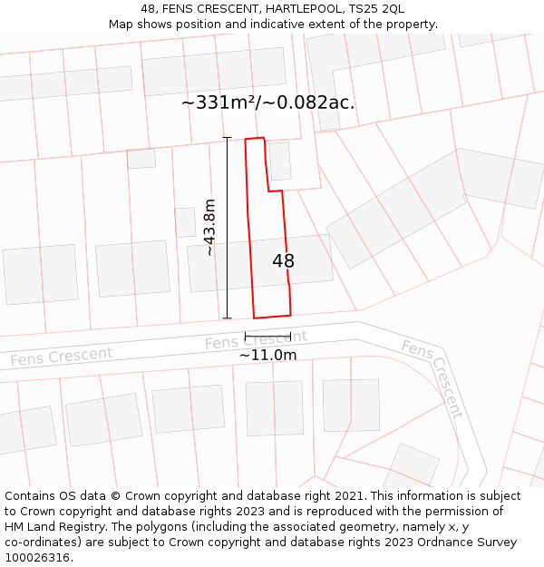 48, FENS CRESCENT, HARTLEPOOL, TS25 2QL: Plot and title map