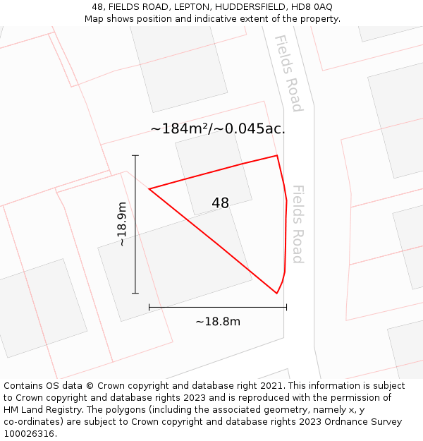 48, FIELDS ROAD, LEPTON, HUDDERSFIELD, HD8 0AQ: Plot and title map