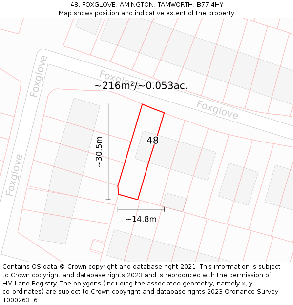 48, FOXGLOVE, AMINGTON, TAMWORTH, B77 4HY: Plot and title map