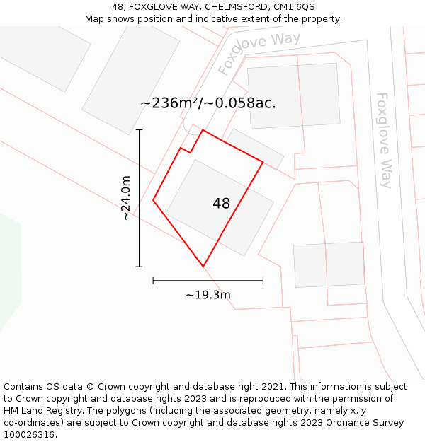 48, FOXGLOVE WAY, CHELMSFORD, CM1 6QS: Plot and title map