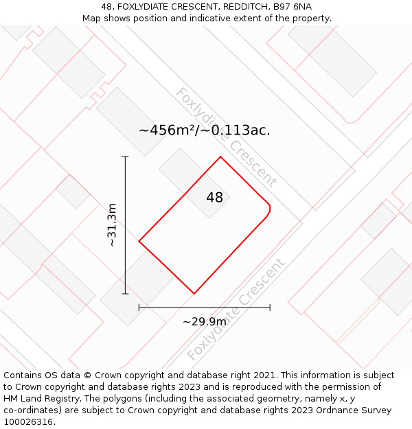 48, FOXLYDIATE CRESCENT, REDDITCH, B97 6NA: Plot and title map