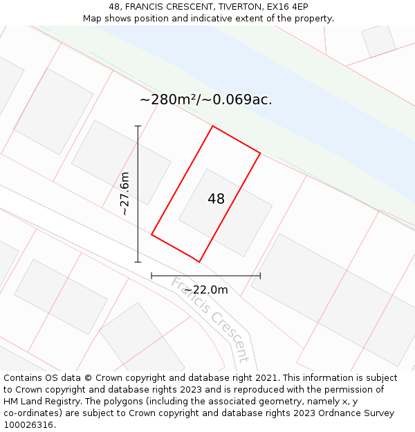 48, FRANCIS CRESCENT, TIVERTON, EX16 4EP: Plot and title map