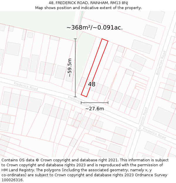 48, FREDERICK ROAD, RAINHAM, RM13 8NJ: Plot and title map