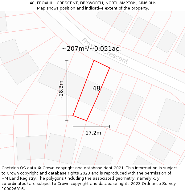 48, FROXHILL CRESCENT, BRIXWORTH, NORTHAMPTON, NN6 9LN: Plot and title map