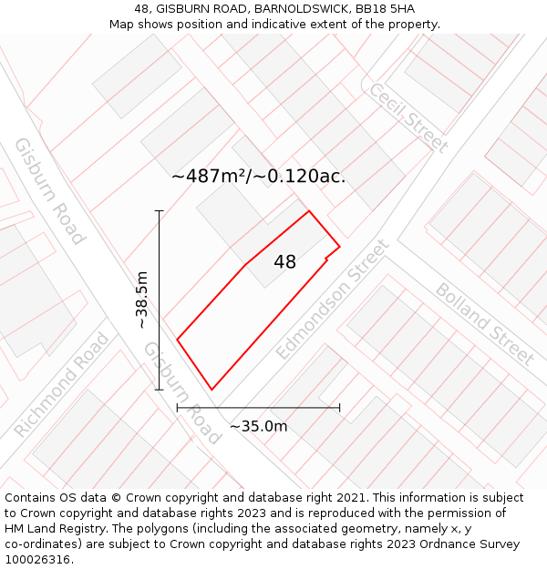 48, GISBURN ROAD, BARNOLDSWICK, BB18 5HA: Plot and title map