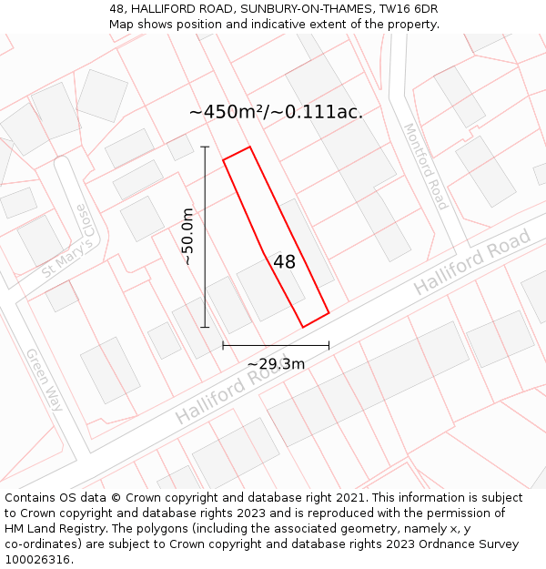 48, HALLIFORD ROAD, SUNBURY-ON-THAMES, TW16 6DR: Plot and title map
