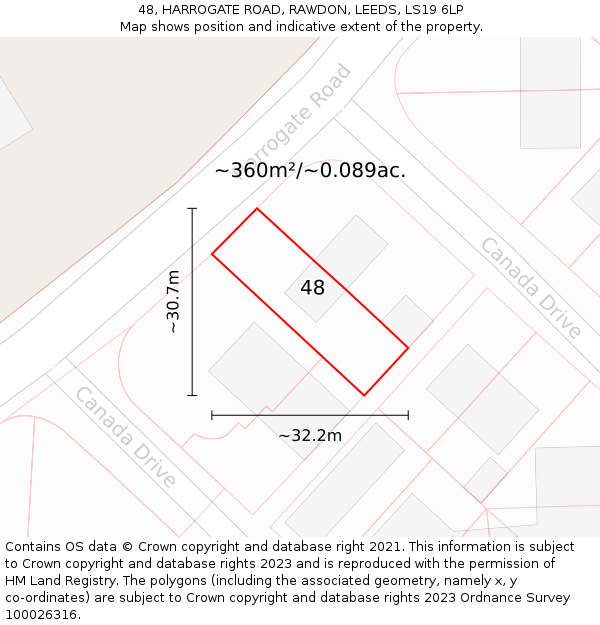 48, HARROGATE ROAD, RAWDON, LEEDS, LS19 6LP: Plot and title map