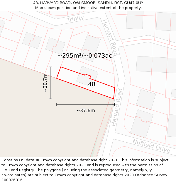 48, HARVARD ROAD, OWLSMOOR, SANDHURST, GU47 0UY: Plot and title map