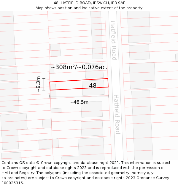 48, HATFIELD ROAD, IPSWICH, IP3 9AF: Plot and title map