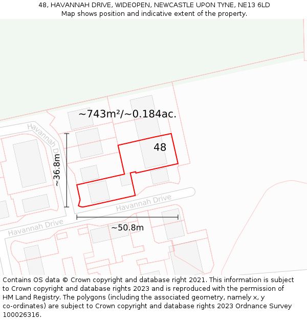 48, HAVANNAH DRIVE, WIDEOPEN, NEWCASTLE UPON TYNE, NE13 6LD: Plot and title map