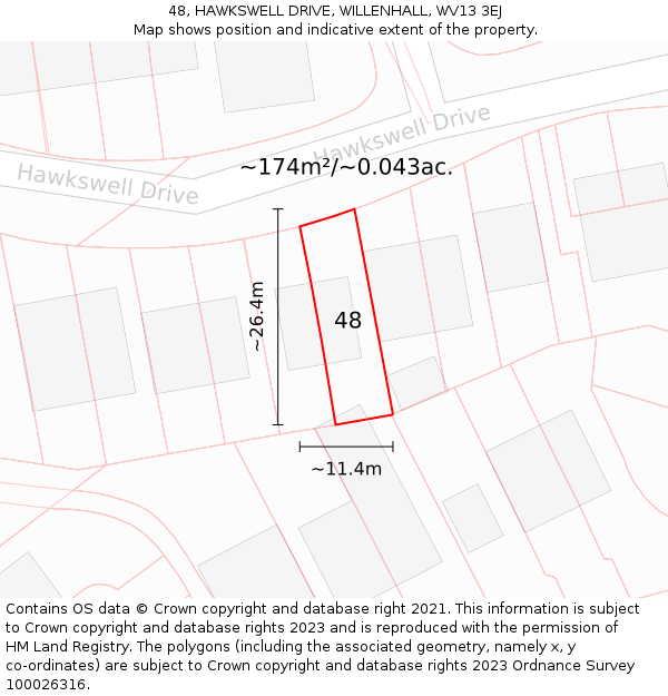48, HAWKSWELL DRIVE, WILLENHALL, WV13 3EJ: Plot and title map