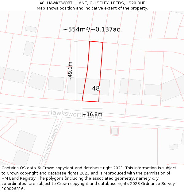48, HAWKSWORTH LANE, GUISELEY, LEEDS, LS20 8HE: Plot and title map
