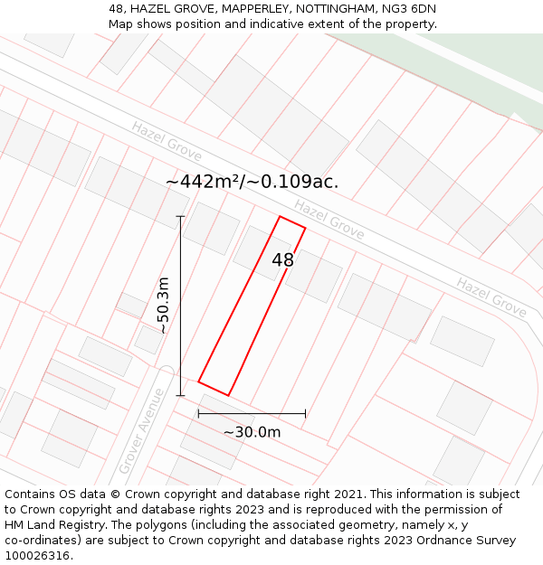 48, HAZEL GROVE, MAPPERLEY, NOTTINGHAM, NG3 6DN: Plot and title map