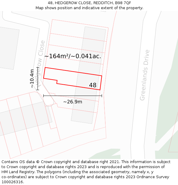 48, HEDGEROW CLOSE, REDDITCH, B98 7QF: Plot and title map