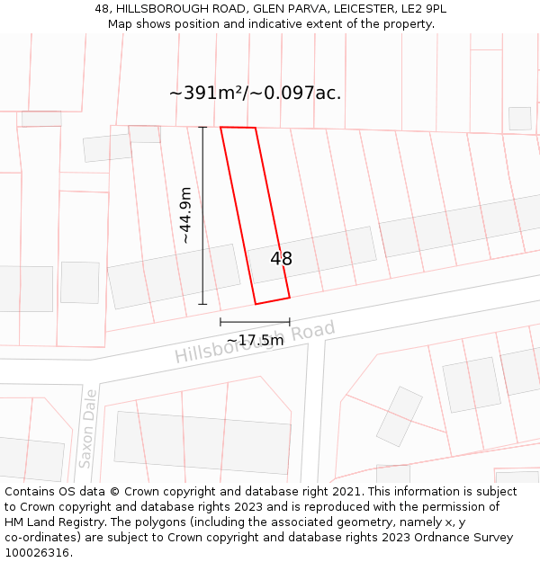48, HILLSBOROUGH ROAD, GLEN PARVA, LEICESTER, LE2 9PL: Plot and title map