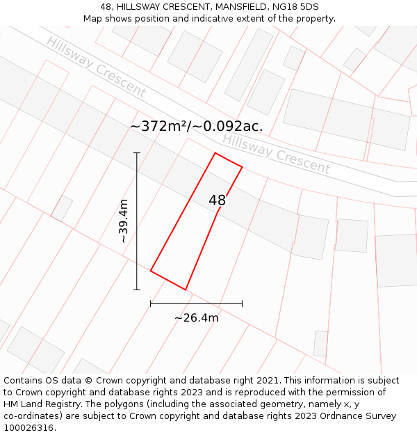 48, HILLSWAY CRESCENT, MANSFIELD, NG18 5DS: Plot and title map
