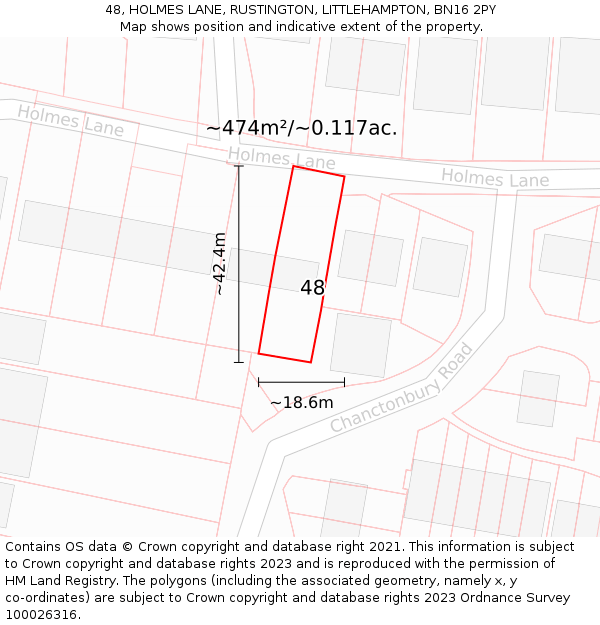 48, HOLMES LANE, RUSTINGTON, LITTLEHAMPTON, BN16 2PY: Plot and title map