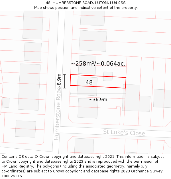 48, HUMBERSTONE ROAD, LUTON, LU4 9SS: Plot and title map