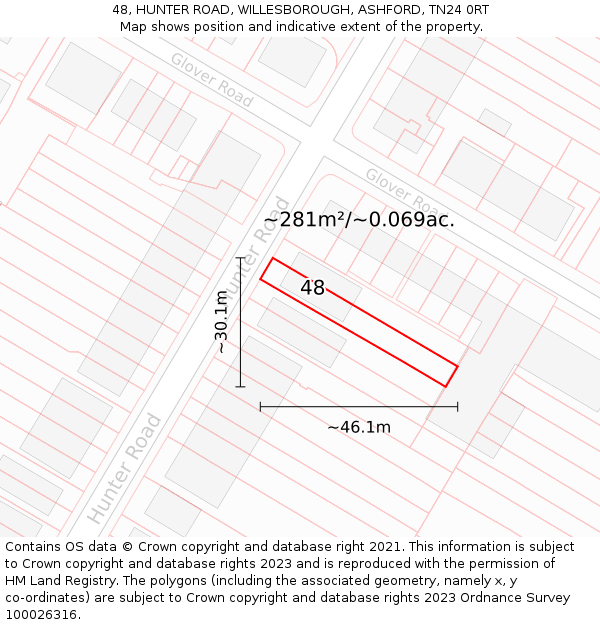 48, HUNTER ROAD, WILLESBOROUGH, ASHFORD, TN24 0RT: Plot and title map
