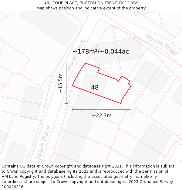 48, JEQUE PLACE, BURTON-ON-TRENT, DE13 0SY: Plot and title map