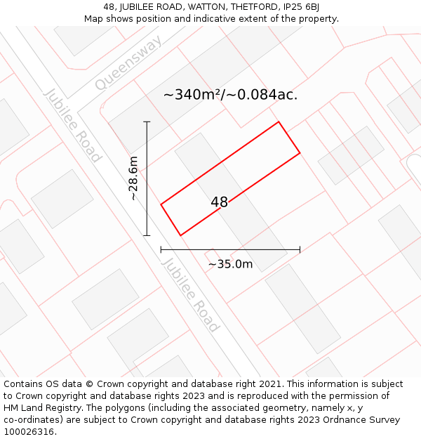 48, JUBILEE ROAD, WATTON, THETFORD, IP25 6BJ: Plot and title map