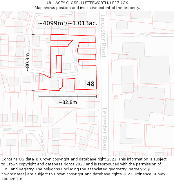 48, LACEY CLOSE, LUTTERWORTH, LE17 4GX: Plot and title map