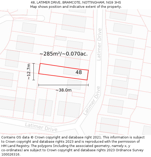48, LATIMER DRIVE, BRAMCOTE, NOTTINGHAM, NG9 3HS: Plot and title map