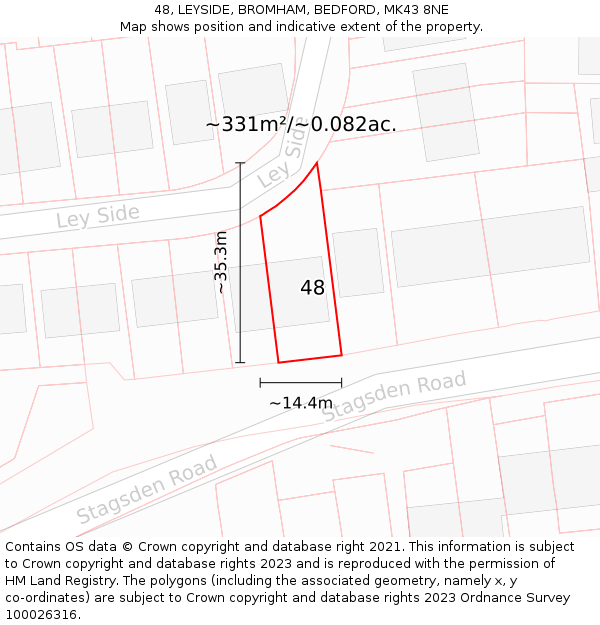 48, LEYSIDE, BROMHAM, BEDFORD, MK43 8NE: Plot and title map