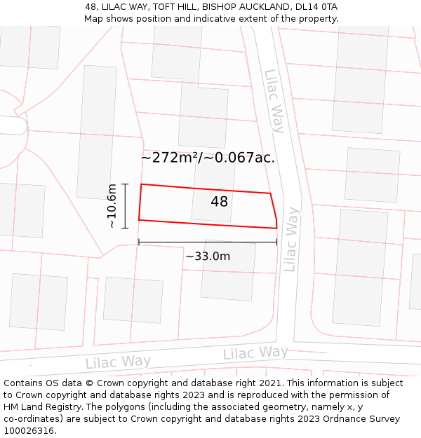 48, LILAC WAY, TOFT HILL, BISHOP AUCKLAND, DL14 0TA: Plot and title map