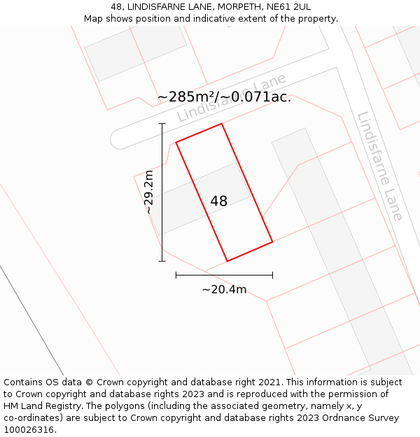 48, LINDISFARNE LANE, MORPETH, NE61 2UL: Plot and title map