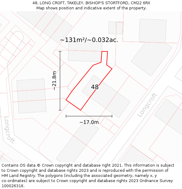 48, LONG CROFT, TAKELEY, BISHOP'S STORTFORD, CM22 6RX: Plot and title map