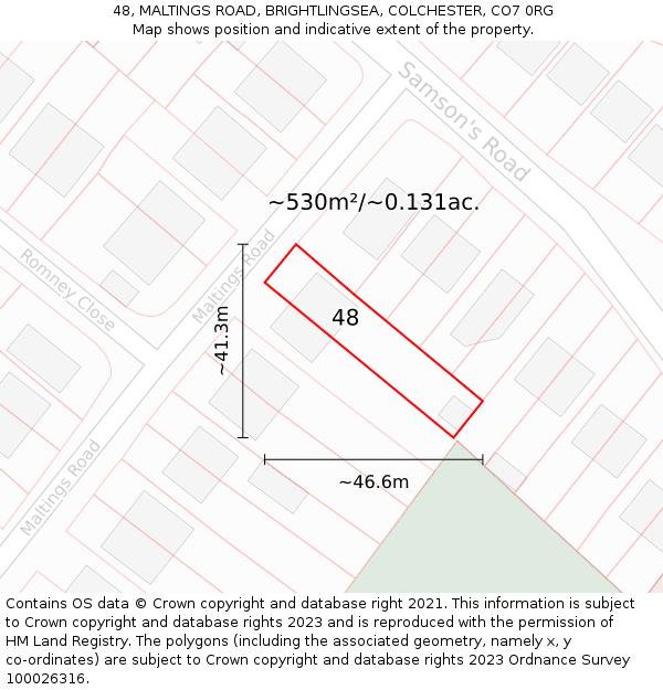 48, MALTINGS ROAD, BRIGHTLINGSEA, COLCHESTER, CO7 0RG: Plot and title map