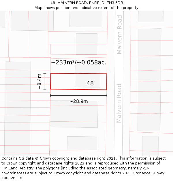 48, MALVERN ROAD, ENFIELD, EN3 6DB: Plot and title map