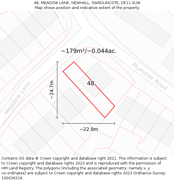 48, MEADOW LANE, NEWHALL, SWADLINCOTE, DE11 0UW: Plot and title map
