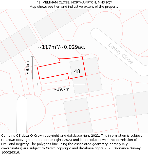 48, MELTHAM CLOSE, NORTHAMPTON, NN3 9QY: Plot and title map