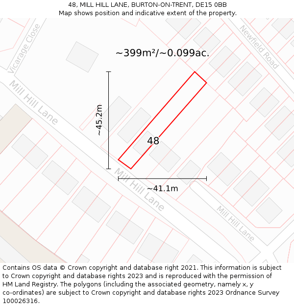48, MILL HILL LANE, BURTON-ON-TRENT, DE15 0BB: Plot and title map