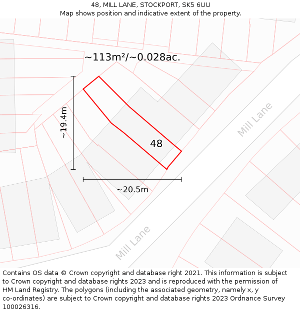 48, MILL LANE, STOCKPORT, SK5 6UU: Plot and title map