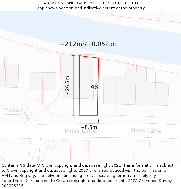 48, MOSS LANE, GARSTANG, PRESTON, PR3 1HB: Plot and title map