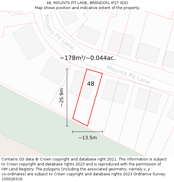 48, MOUNTS PIT LANE, BRANDON, IP27 0DD: Plot and title map