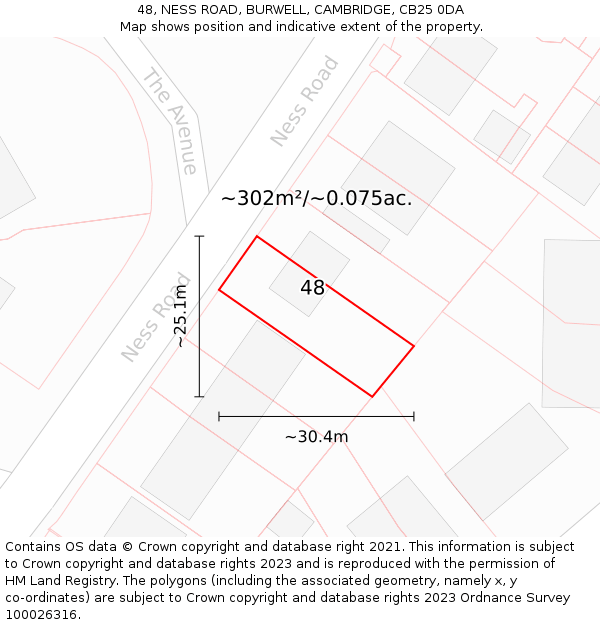 48, NESS ROAD, BURWELL, CAMBRIDGE, CB25 0DA: Plot and title map