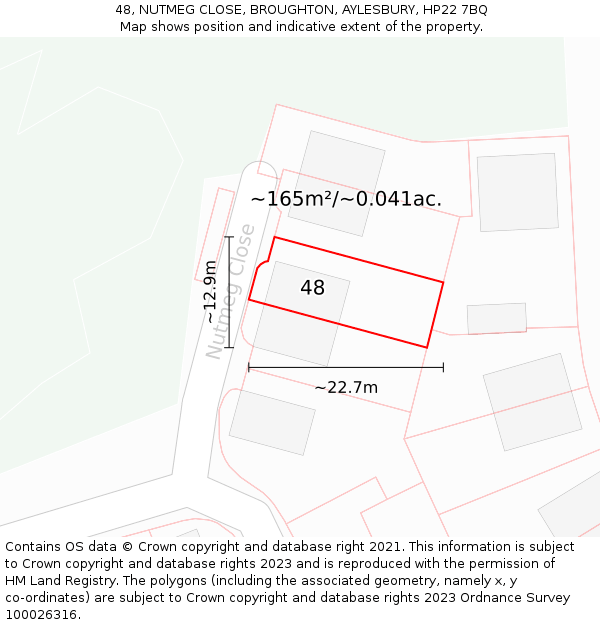 48, NUTMEG CLOSE, BROUGHTON, AYLESBURY, HP22 7BQ: Plot and title map