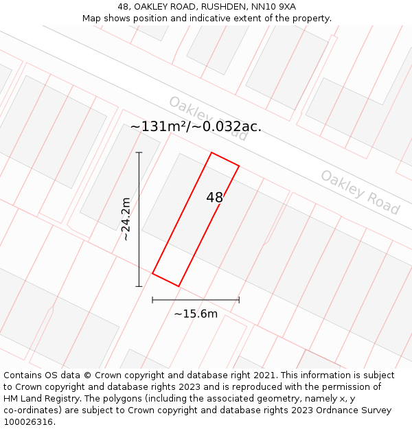 48, OAKLEY ROAD, RUSHDEN, NN10 9XA: Plot and title map