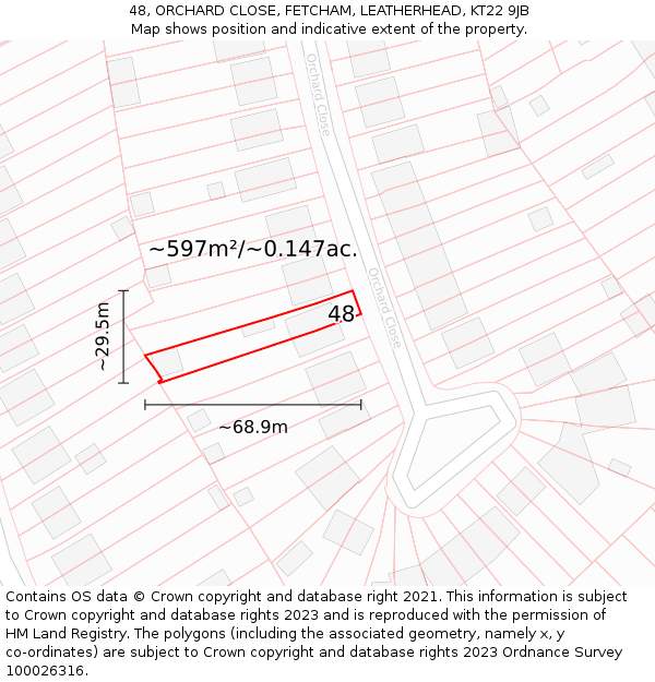 48, ORCHARD CLOSE, FETCHAM, LEATHERHEAD, KT22 9JB: Plot and title map