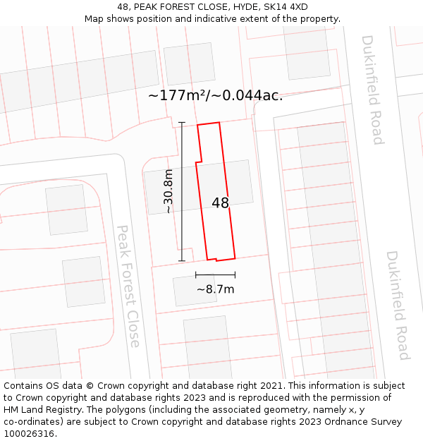 48, PEAK FOREST CLOSE, HYDE, SK14 4XD: Plot and title map