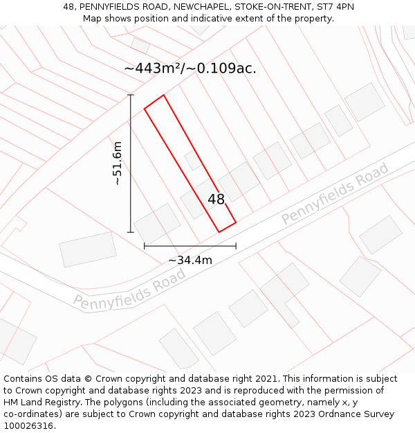 48, PENNYFIELDS ROAD, NEWCHAPEL, STOKE-ON-TRENT, ST7 4PN: Plot and title map