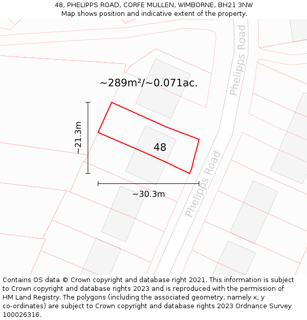 48, PHELIPPS ROAD, CORFE MULLEN, WIMBORNE, BH21 3NW: Plot and title map