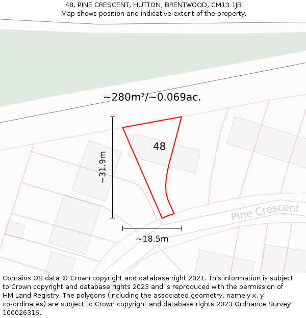 48, PINE CRESCENT, HUTTON, BRENTWOOD, CM13 1JB: Plot and title map