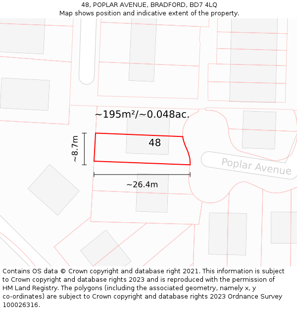 48, POPLAR AVENUE, BRADFORD, BD7 4LQ: Plot and title map